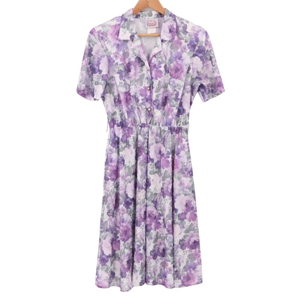 Purple Floral Secretary Midi Dress Vintage 80s Womens Size 12P Church Button
